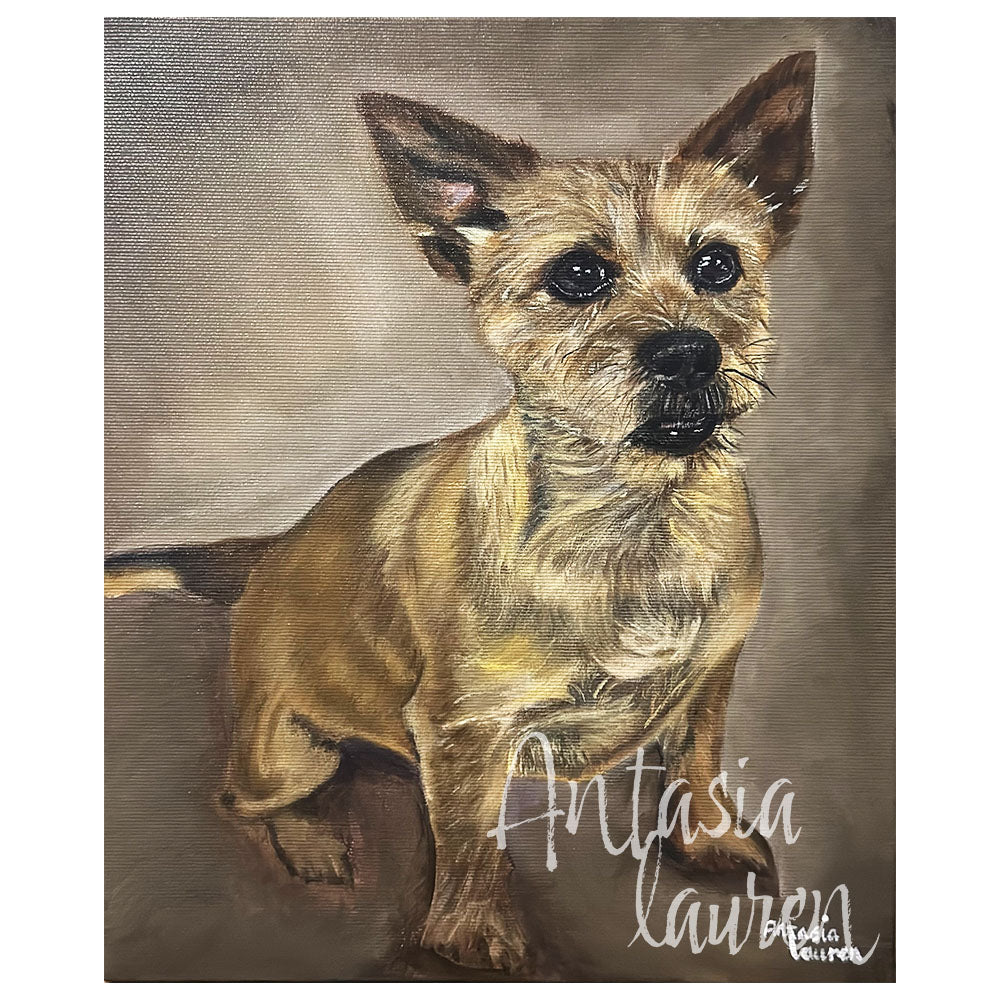 Acrylic pet portrait painting of a terrier dog on a brown graident background